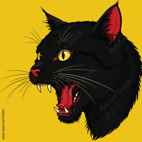 A ferocious black cat hisses with its mouth open, showing its sharp fangs
