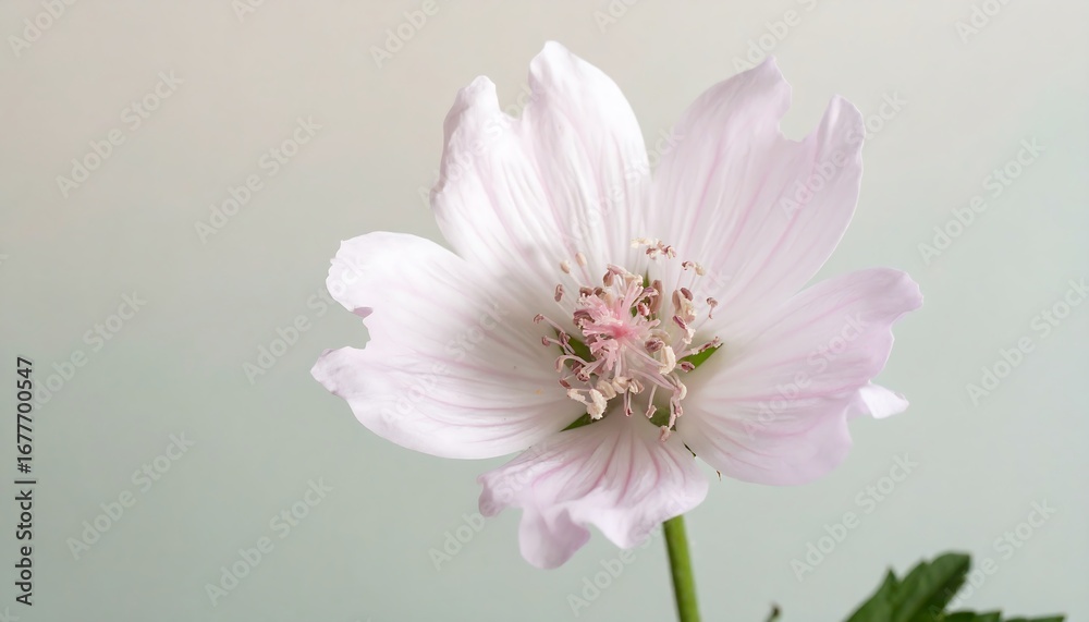 Fototapeta premium Delicate light pink flower with soft petals and detailed center against a muted background.