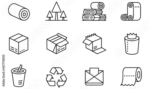 Outline icons of paper rolls, packaging, recycling, envelopes, wood logs, and carton boxes for waste management and eco concepts