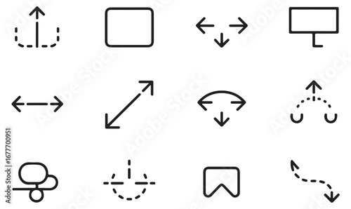 Outline vector icons of arrows, navigation, orientation, expand, square, and movement concepts for signs and interface design