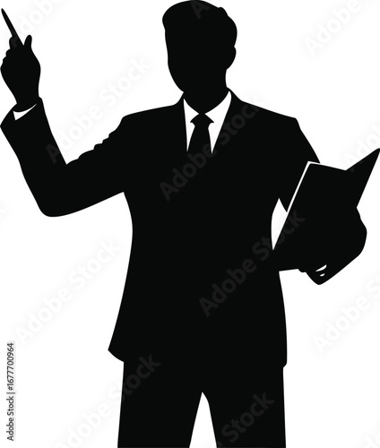 Silhouette of a businessman in a suit standing and holding a book with one hand pointing upwards in a decisive gesture signifying leadership and expertise in a professional setting silhouette