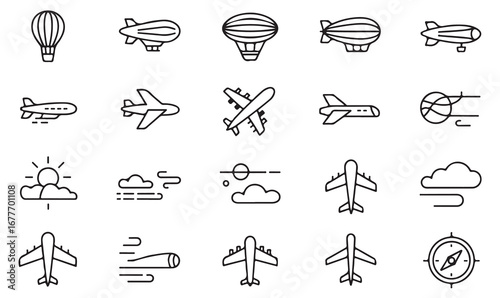 Aviation and air transport vector icons set including aircraft, balloons, navigation compass, airport, and weather conditions