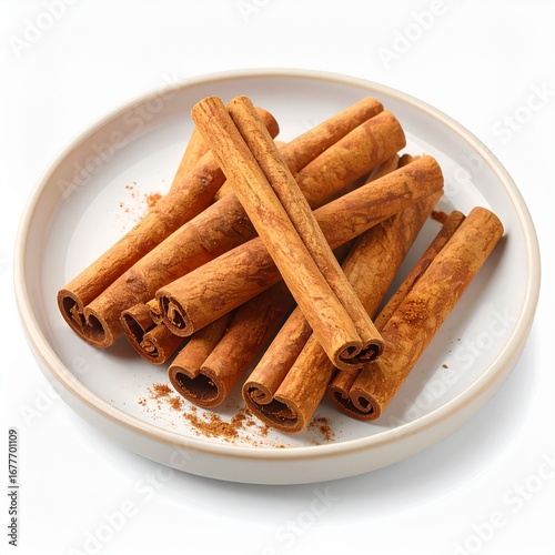 cinnamon sticks on plate isolated on white background
