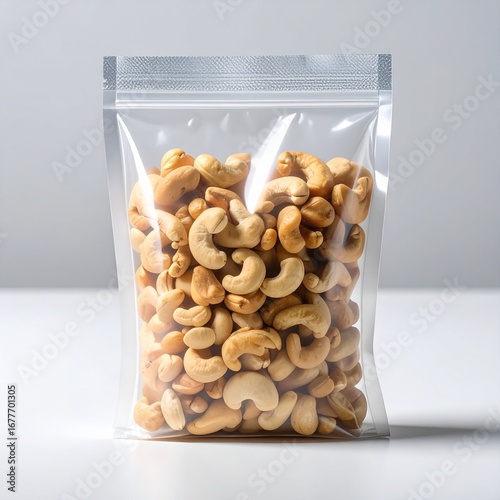 cashew nuts on vacuum seal bag with white background