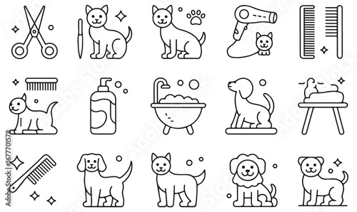 Minimal pet grooming icons pack of dog, cat, comb, scissors, shampoo, and dryer for animal care, hygiene, and wellness design