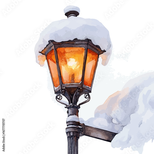 Snow-covered Street Lamp, watercolor vector, isolated on a white background.