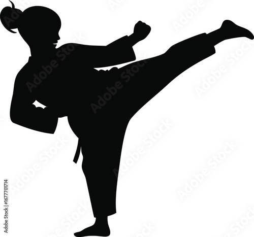 Silhouette of a determined woman performing a powerful high side kick in martial arts combat training silhouette