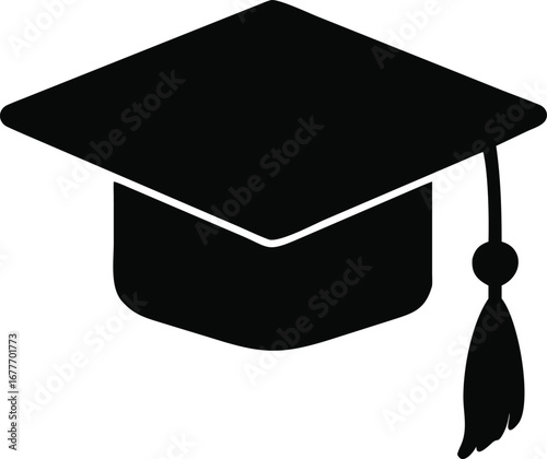 Simple black and white graduation cap icon symbolizing academic achievement and education milestone silhouette