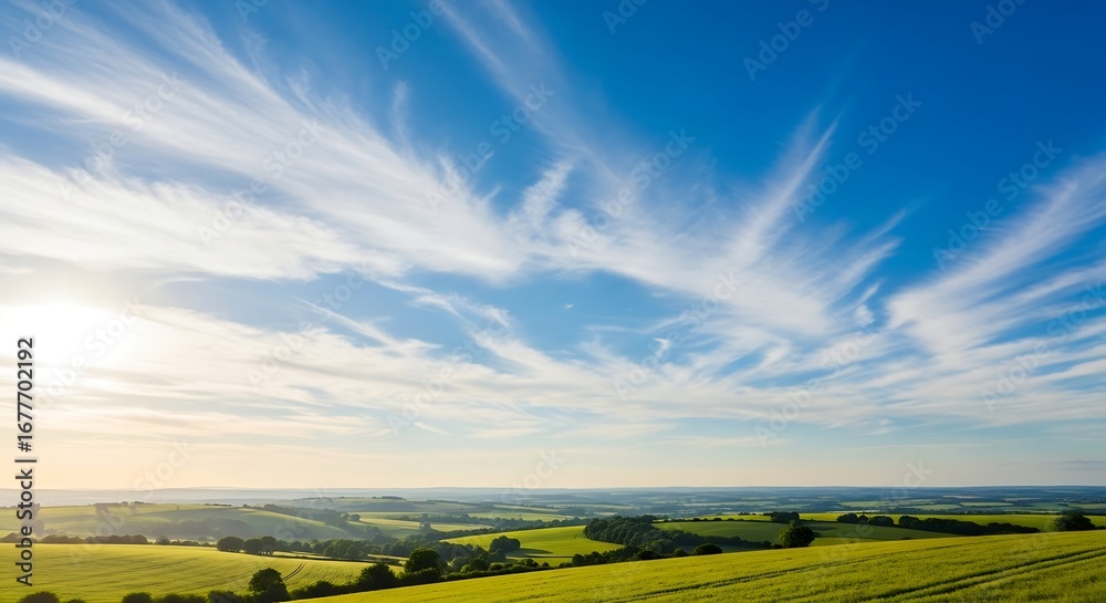Obraz premium Dramatic Wispy Clouds Over a Green Rural Landscape.