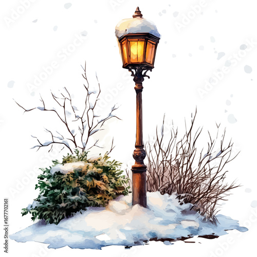 Snow-covered Street Lamp, watercolor illustration vector, isolated on a white background.