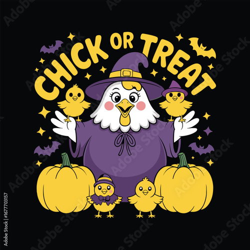 Adorable chick halloween costume fun with pumpkins and witch hat