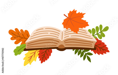 Open book with autumn falling leaves on white background. Cozy and comfort mood. Flat style illustration