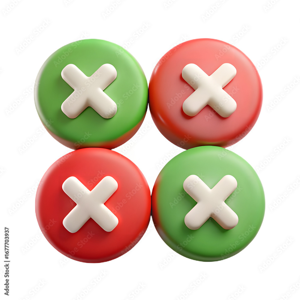 Obraz premium 3D Rendered Green and Red Checkmark Buttons: Decision Making, Choice, Approval, Rejection, User Interface, App Design Elements.