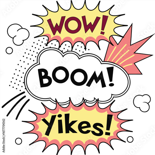 Dynamic pop art comic word bubbles featuring wow in a vibrant explosive style with comic book elements and bold colors