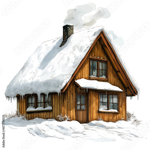 Snow-covered Cabin Roof, watercolor illustration vector, isolated on a white background.