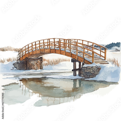 Snow-covered Bridge Scene, watercolor illustration vector, isolated on a white background.