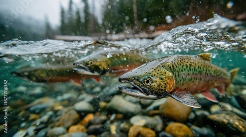 Salmon runs show annual migrations of spawning salmon, crucial for ecosystem health and supporting cultural and commercial fisheries.