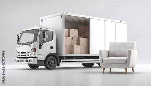 White truck with open sliding doors is parked next to a white couch and stacked cardboard boxes. Furniture and cargo are ready for