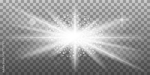 White glowing light burst explosion with transparent. Cool effect decoration with ray sparkles. Transparent shine gradient glitter, bright flare. Glare texture. EPS 10 vector file included