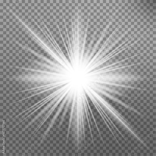 White glowing light burst explosion with transparent. Cool effect decoration with ray sparkles. Transparent shine gradient glitter, bright flare. Glare texture. EPS 10 vector file included