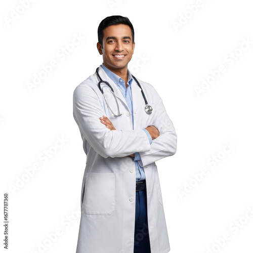 Confident doctor with stethoscope smiling isolated on transparent background