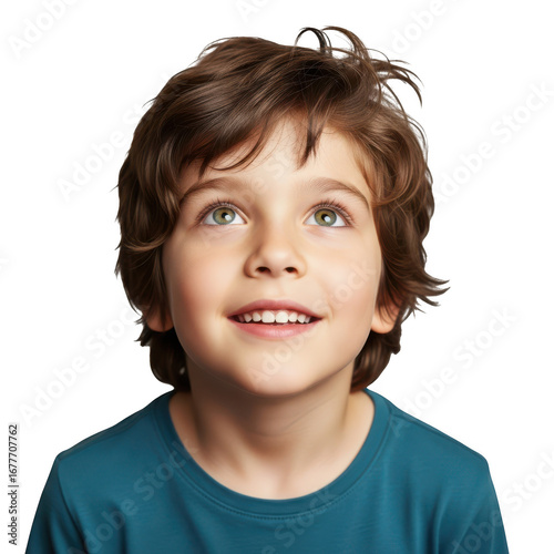 Portrait of a cute boy looking up isolated on transparent background