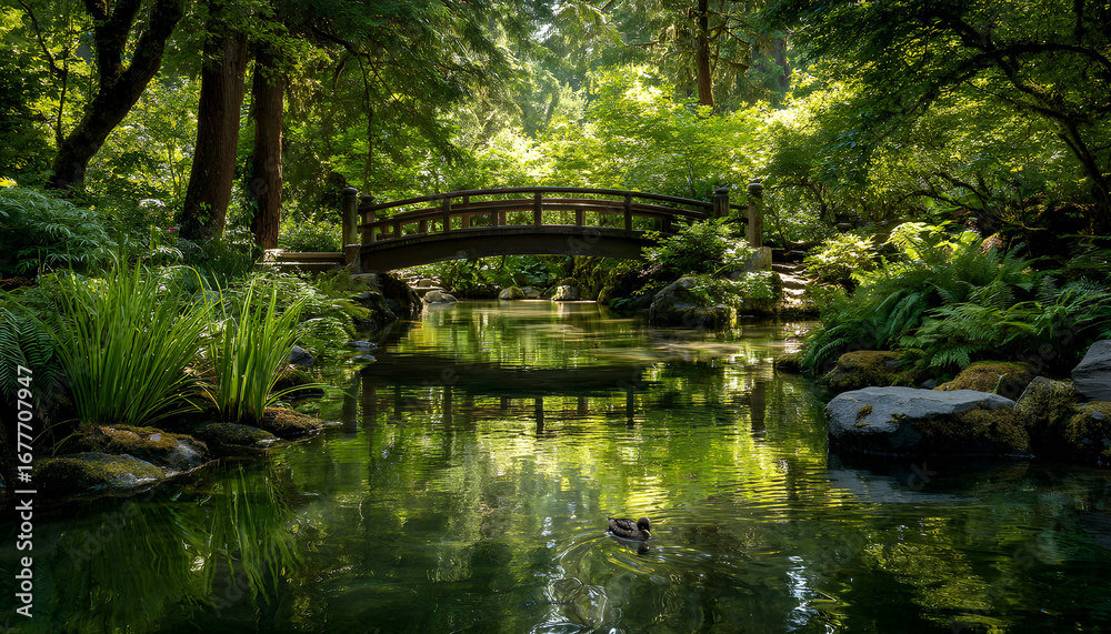 Fototapeta premium Wooden arched bridge spans tranquil pond surrounded by rich green trees, grass. Sunlight filters through leaves, creating peaceful,