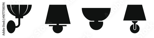 Black silhouette icons of various wall sconces and decorative wall lamps, elegant indoor lighting fixtures for home, hallway, bedroom, and interior design in simple flat vector style