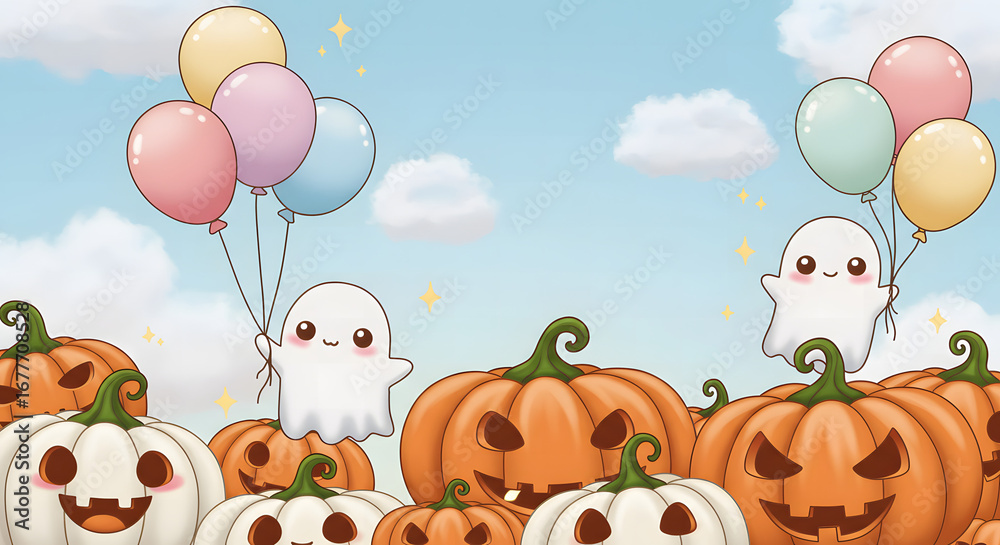 Fototapeta premium Whimsical Halloween Scene: Playful illustration featuring friendly ghosts, cheerful pumpkins, and colorful balloons set against a bright, inviting sky. Capturing the joy and magic of the season.