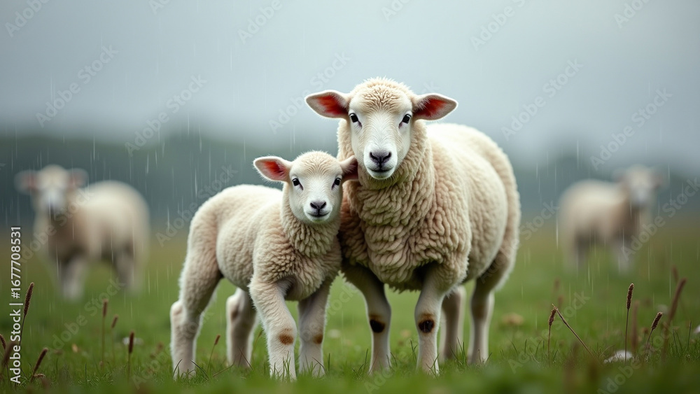 Obraz premium Livestock standing close in rainy pasture with other sheep in background, showing animal bond and climate stress for farming reports, environmental blogs, or educational use