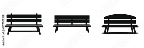 Black silhouette icons of wooden park benches with backrests, outdoor seating furniture symbols for public spaces, gardens, and recreational areas in simple flat design