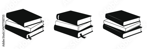 Black silhouette icons of stacked hardcover books with bookmarks, education and reading symbols, library and literature concept illustrations in simple flat design style