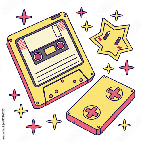 Nostalgic 90s gadget sticker pack featuring a cassette tape and floppy disk perfect for retro themed designs and advertisements