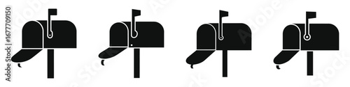 Black silhouette icons of traditional mailboxes with flags, postal delivery symbols, home mail receptacles, and outdoor mailbox designs for residential and community mail services