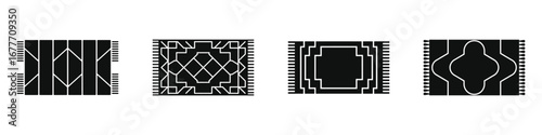 Black silhouette icons of traditional patterned rugs with geometric and ornamental designs, decorative floor mats for home decor, living room, and interior styling in flat vector style