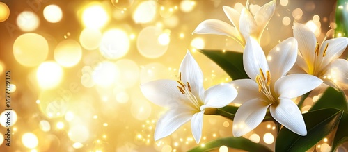 Elegant White Lilies with Bokeh Effect, Glowing Golden Background, Floral Beauty.