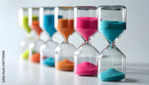 Multiple colorful hourglasses symbolize time management productivity and deadlines. Sand flows through glass, representing efficiency, planning, and urgency in a contemporary, minimalist design