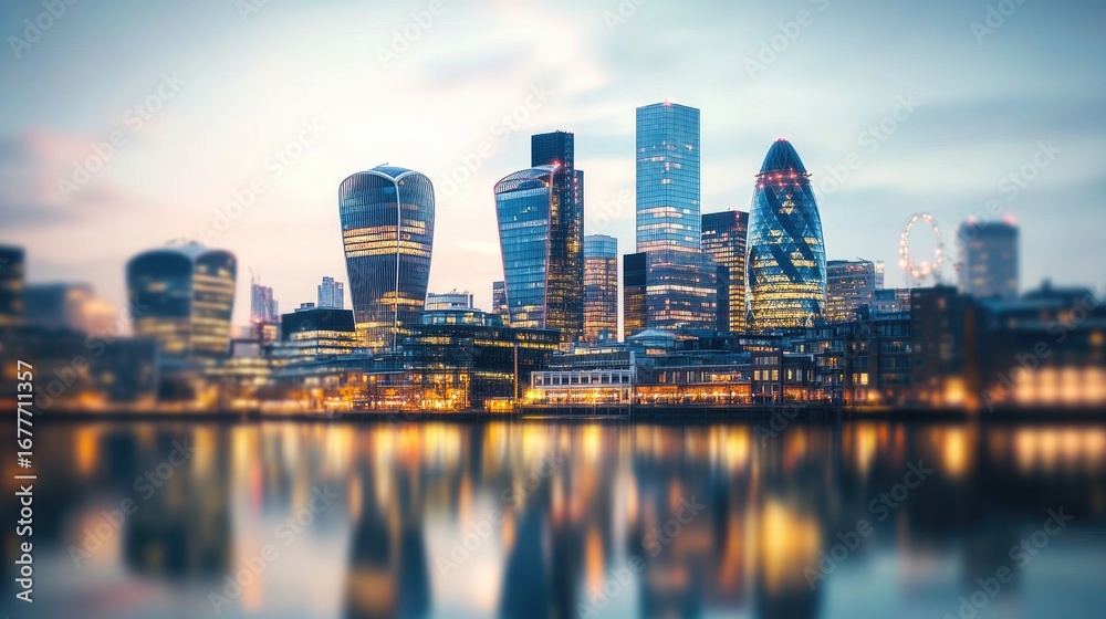 Naklejka premium Vibrant London City Skyline at Twilight with Iconic Skyscrapers and Golden River Reflections, Tilt-Shift Effect