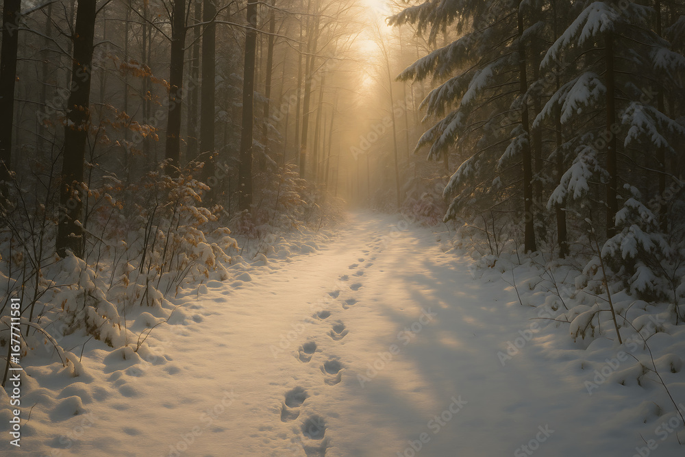 Naklejka premium Sentier enneigé dans une forêt au lever du soleil