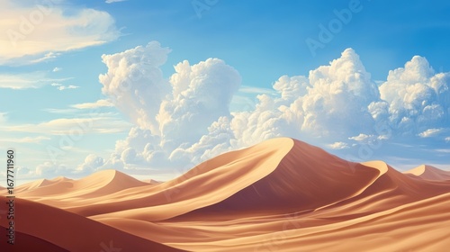 A vast desert landscape featuring rolling sand dunes beneath a beautiful blue sky with fluffy clouds.