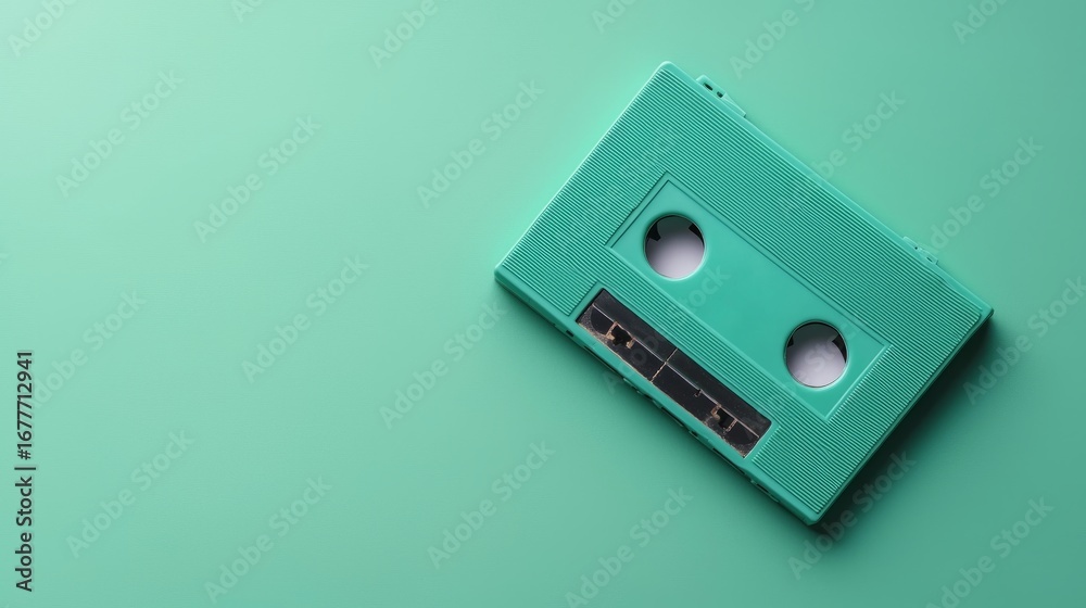 Fototapeta premium A retro green cassette tape rests on a bright mint background, evoking nostalgia for music lovers and a vintage aesthetic for collectors and retro design enthusiasts.