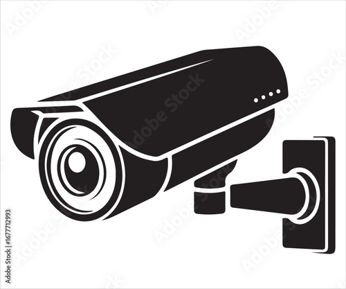 Silhouette of CCTV security camera, vector surveillance illustration symbolizing safety, monitoring, protection, technology, privacy, observation, vigilance, crime prevention, security system, and dig