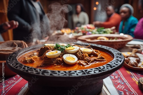 A steaming bowl of Ethiopian Doro Wat, a spicy chicken stew, garnished with hard-boiled eggs, accompanied by injera, set amidst a lively family celebration showcasing bold African culinary heritage