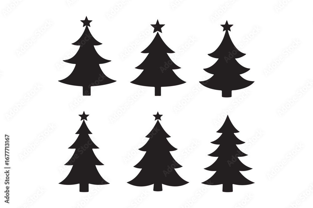 Obraz premium Six stylized black christmas tree silhouettes with stars