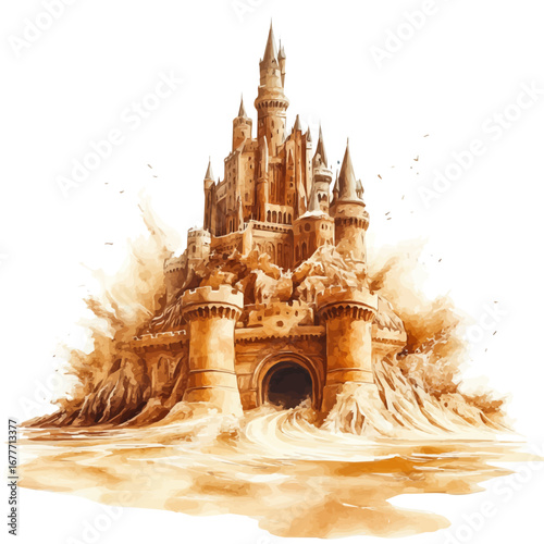 Sandy Castle, watercolor clipart vector, isolated on a white background.