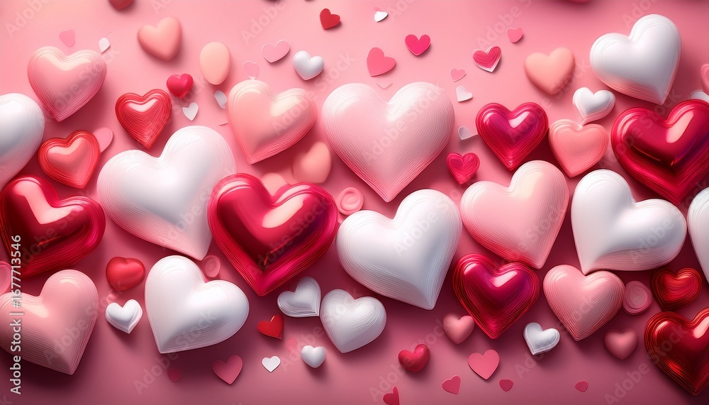 beautiful hearts in various shades of pink red and white create charming and romantic background perfect for expressing love and affection glossy finish adds playful touch to scene beautiful hearts in various shades of pink red and white create charming and romantic background perfect for expressing love and affection glossy finish adds playful touch to scene