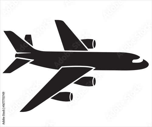 Silhouette of commercial airplane jet, vector aviation illustration symbolizing travel, flight, journey, holiday, transportation, tourism, airliner, airport, aircraft, airline, vacation, sky, and aero