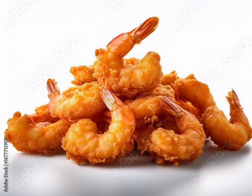 a delicious pile of fried shrimp on a clean white background