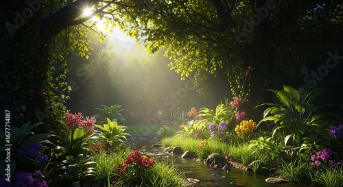 Enchanted Forest Creek Bathed in Sunlight.