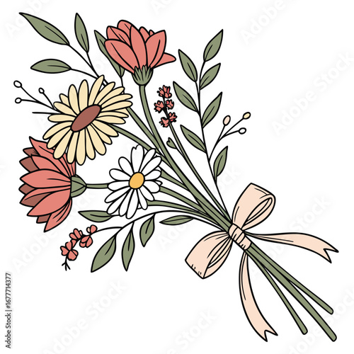 Charming hand drawn wildflower bouquet elegantly tied with a soft ribbon perfect for rustic wedding invitations greeting cards or decorative elements